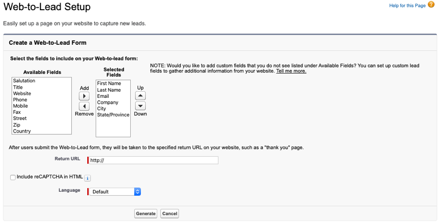 salesforce web to lead setup